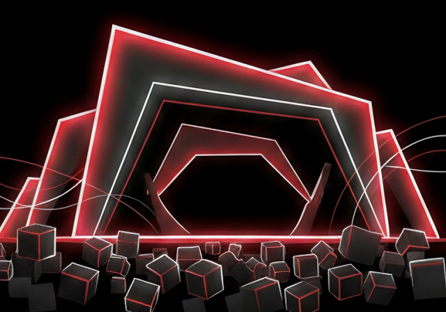 Futuristische Festivalbühne mit roten Neonbögen und leuchtenden Elementen, die die energiegeladenen Dad’n’Bass Techno Events inszeniert.